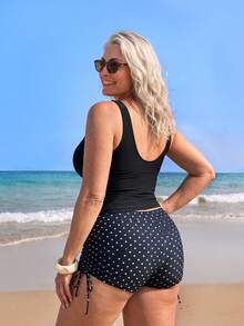 Swim Lushoire Plus Size Ruched Tank Top And Polka Dot Print Tie-Front Shorts Swimwear Set For Vacation - Multicolor - View 2
