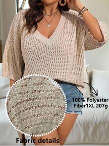 Vionelle Solid Color Loose Hollow Out Plus Size Sweater Pullover, For Winter Knit Pullover Fall Autumn - Khaki - View 4