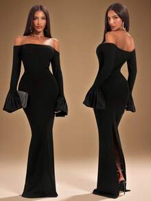 Radiana Women's Sexy Elegant 3D Puff Sleeve Cold Shoulder Black Long Fitted High Elastic Ribbed Knit Dress, Date Dinner Night Party Banquet Evening Ball Autumn - Black - View 3