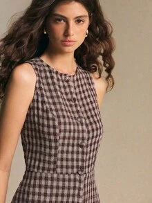 Poéselle Women's Plaid Button-Front Waist-Cinching Slim Fit Long Dress, Commuter Office Wear, Summer Outing Outfit - Coffee Brown - View 4