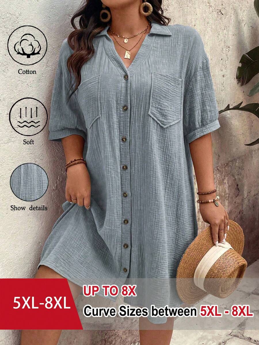 SHEIN CURVE+ 大码女士优雅日常纯棉纯色梭织纽扣落肩泡泡袖口袋V领中长连衣裙,夏季 - 霧霾藍 - 查看 1