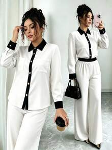 Elenzga Women's Contrast Color Long Sleeve Top & Pants 2 Pieces Set, Commuter Workwear - Black and White - View 3