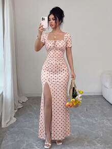 Rafferiza 女款夏季短袖長洋裝 數位印花度假洋裝 海灘度假洋裝 裙襬開衩腰部抓皺長洋裝 - 粉色 - 查看 1