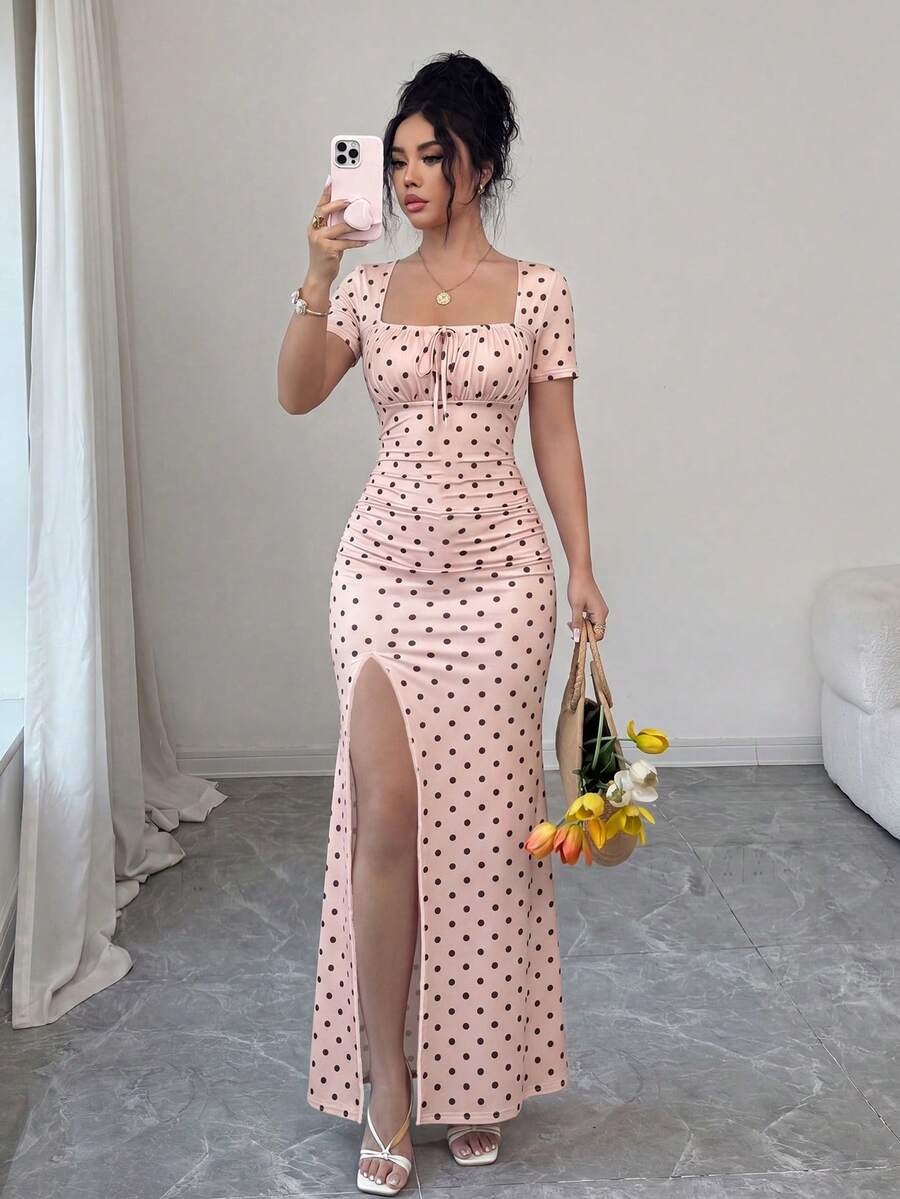 Rafferiza 女款夏季短袖長洋裝 數位印花度假洋裝 海灘度假洋裝 裙襬開衩腰部抓皺長洋裝 - 粉色 - 查看 1