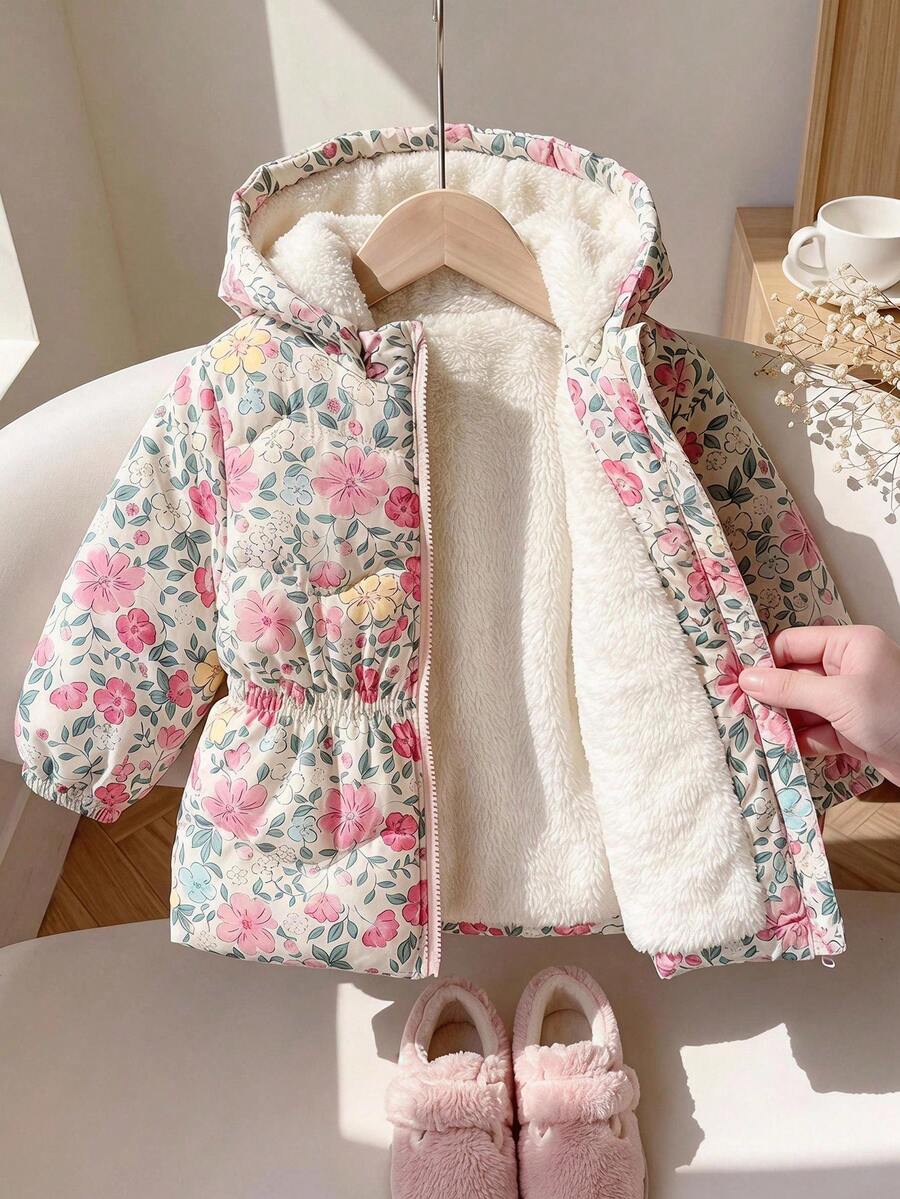 SHEIN 女嬰可愛花卉圖案保暖內裡連帽夾克,適合秋冬穿著 - 彩色 - 查看 1
