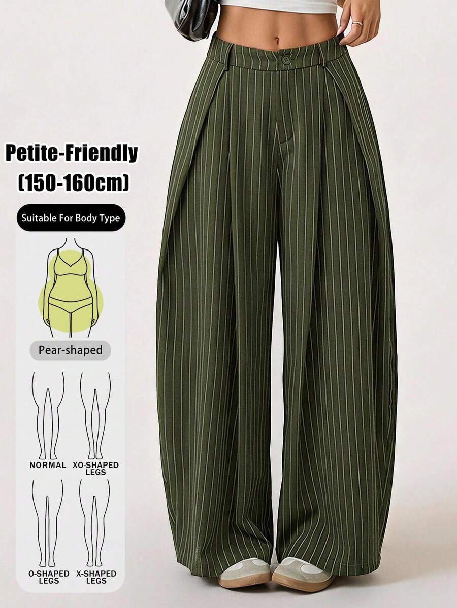 SHEIN PETITE 女款條紋百褶寬腿寬鬆休閒長褲