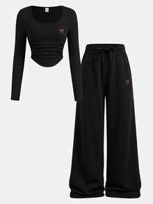 SHEIN Girlism 青少年女孩春夏黑色雪花印花修身紐約英文刺繡羅紋針織長袖連身衣與休閒極簡復古街頭風雪花印花休閒長褲2件套 - 黑色 - 查看 3