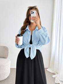 SHEIN Essnce 大尺碼女款純色長袖單排扣襯衫與細肩帶洋裝優雅兩件套 - 淺藍色 - 查看 7