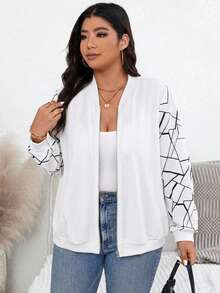SHEIN Essnce Plus Size Autumn Casual Printed Patchwork Jacket Fall - White - View 7