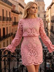 Anewsta Spring/Summer Off Shoulder Lace Fabric Petal Sleeve Short Dress, Elegant Women's Dress - Pink - View 5