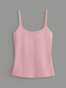 SHEIN BASICS 1件女款純色修身休閒細肩帶背心上衣 白色上衣 - 粉色 - 查看 4
