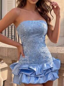 Poshira Women's Jacquard Sequin Design Ruffle Hem Strapless Cocktail Dress - Baby Blue - View 6