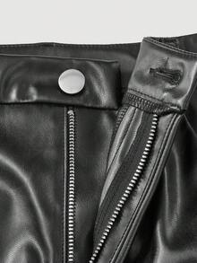 SHEIN MOD 黑色約會夜出門穿搭純色PU皮革直筒長褲，萬聖節秋季休閒性感款 - 黑色 - 查看 3