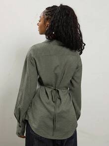 COUREZ Long Sleeve Cinched Shirt In Grid Check / Fall Tops Y2K Green Fall Cute Autumn Clothes For Women Outfits Rave Club Outfits For Women Going Out Tops - Army Green - View 3