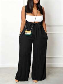 SHEIN Mono de pernera ancha con pliegues y nudo delantero, talla grande, para verano - Negro - Ver 1