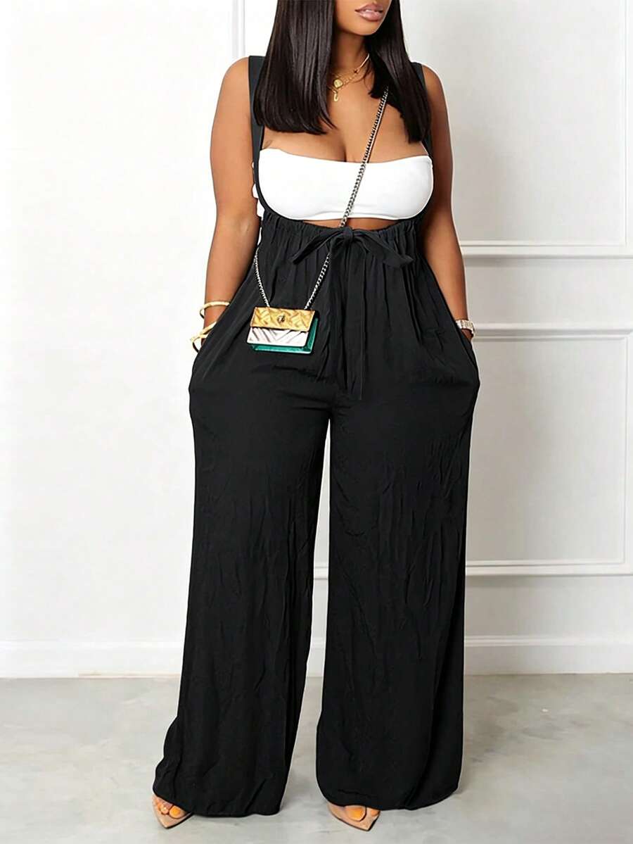 SHEIN Mono de pernera ancha con pliegues y nudo delantero, talla grande, para verano - Negro - Ver 1