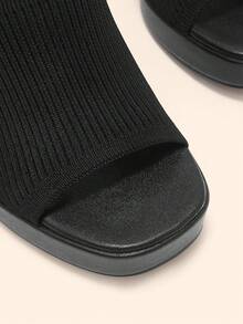 CUCCOO BASICS Ladies Open Toe Sexy Mules Black Knitted Platform Block Heel High Heel Commuter Women's High Heel Sandals - Black - View 5