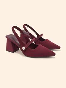 CUCCOO BASICS 時尚經典飛織透氣舒適通勤派對宴會尖頭粗高跟女鞋 Slingback 露跟高跟鞋 - 酒紅色 - 查看 4