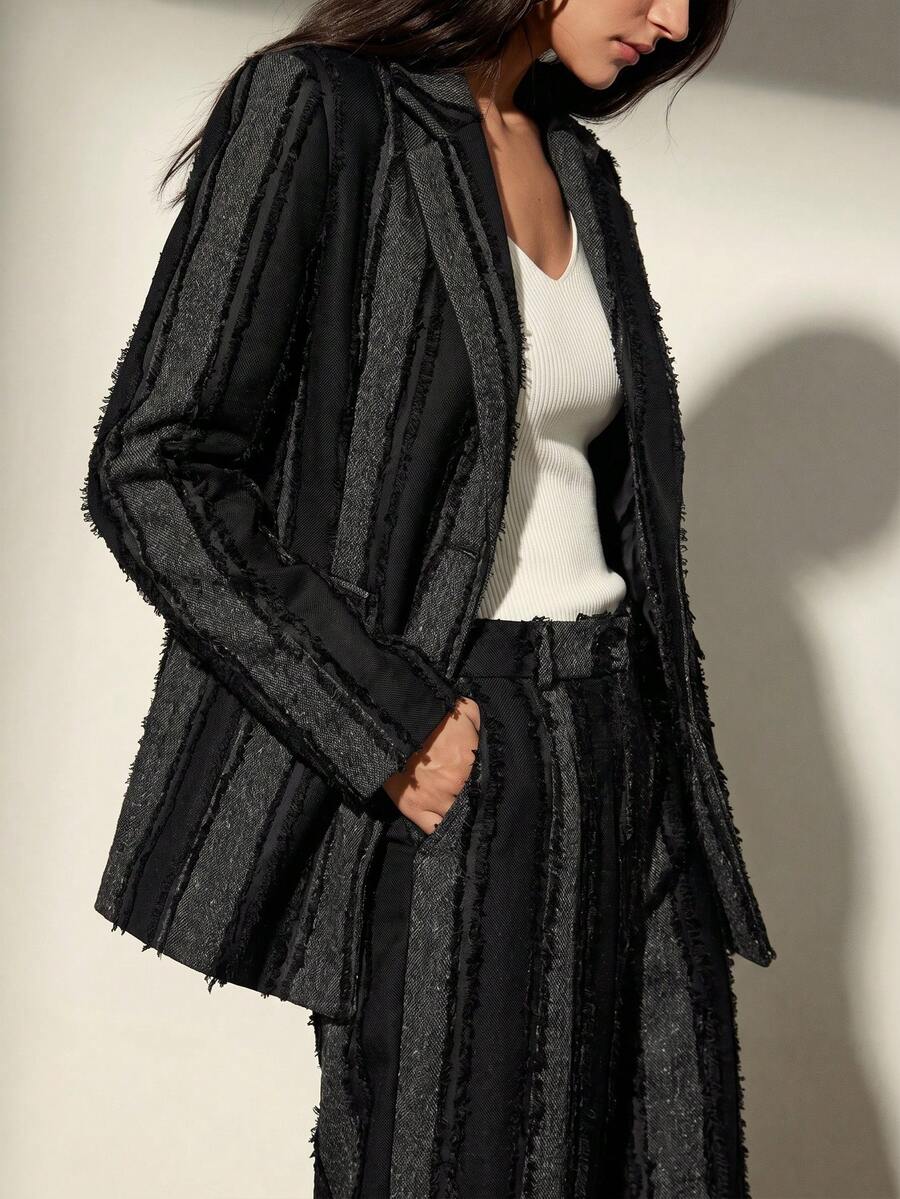 Aveloria Modichic Women's Textured Vertical Stripe Button Jacket And Wide Leg Pants Suit Set - Black - View 1