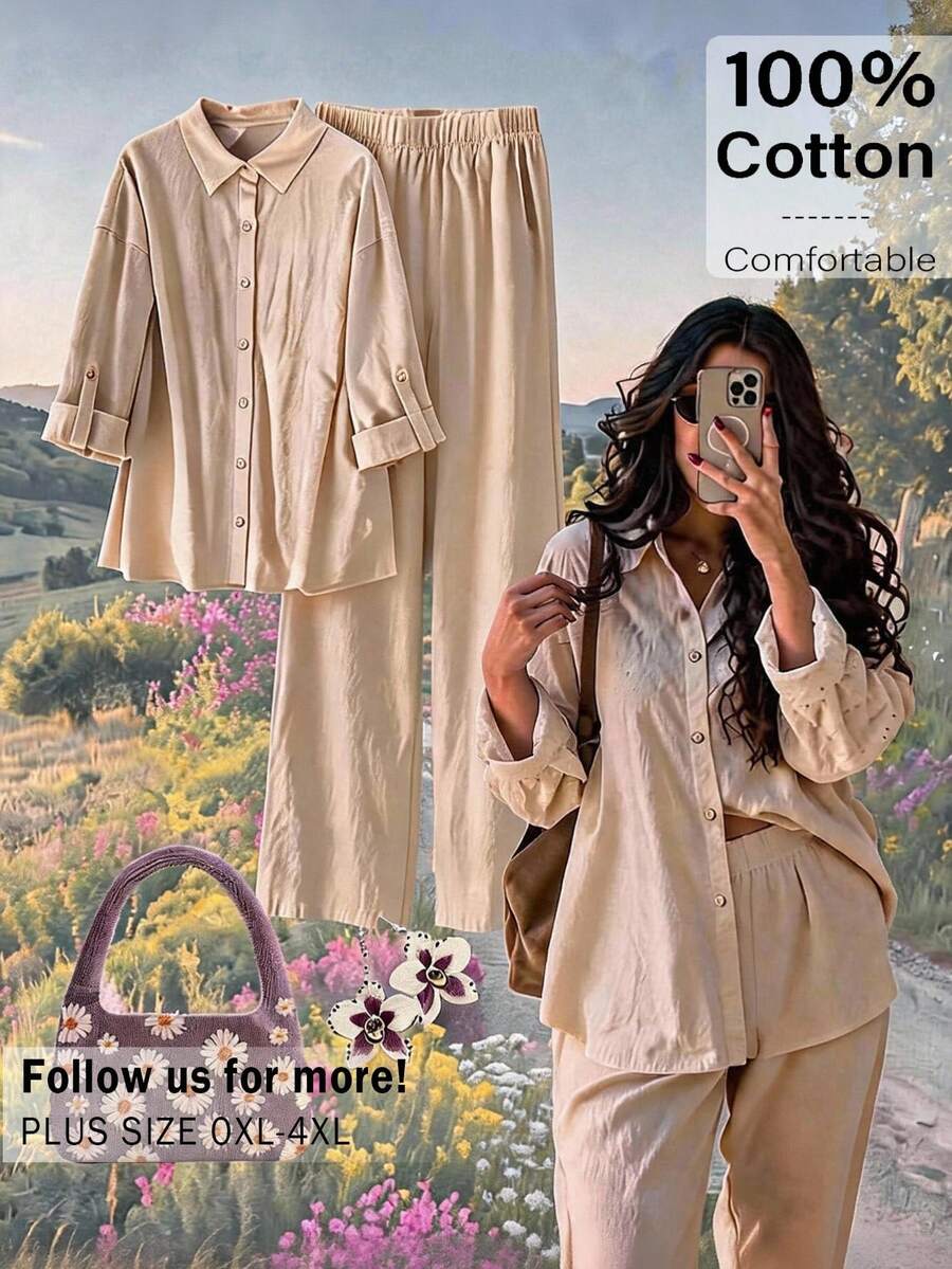 CosyJoli 大尺碼女款休閒極簡基礎米色兩件套，寬鬆版型，適合日常外出、度假、辦公、早午餐，秋季穿搭