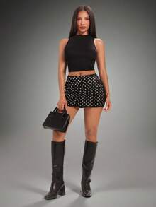 Radiana Women's Rhinestone Decorated Fitted Mini Skirt Shorts - Black - View 5
