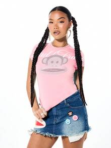 SUMWON X PAUL FRANK SUMWON WOMEN 水钻猴子图案短袖圆领T恤，棉混纺面料，休闲春夏节日可爱动物印花上衣 - 粉色 - 查看 1