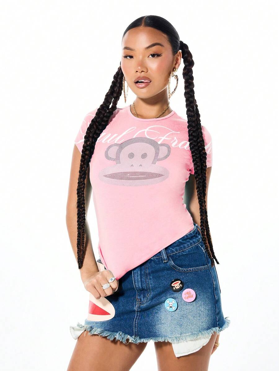 SUMWON X PAUL FRANK SUMWON WOMEN 水钻猴子图案短袖圆领T恤,棉混纺面料,休闲春夏节日可爱动物印花上衣 - 粉色 - 查看 1