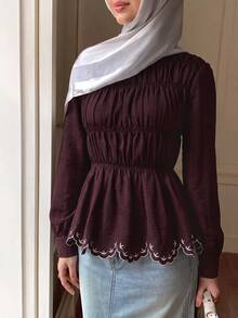 Solavon Women's Round Neck Long Sleeve Pleated Casual Blouse - Coffee Brown - View 2