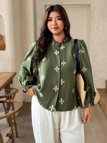 SHEIN Frenchy 大尺碼秋季休閒花卉刺繡襯衫 - 綠色 - 查看 6