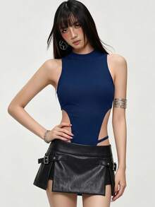 Rina Fox 女款性感 Y2K 無袖坦克連身衣，極簡風修身剪裁，適合夜店外訪，海軍藍，秋季 - 藍色 - 查看 1