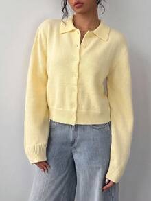 SHEIN BASICS 休閒純色長袖寬鬆短版女款開襟針織衫 秋季外套 返校季 校園風 淡黃色 適合小學教師 - 黃色 - 查看 5