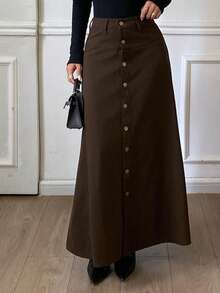 DAZY Women's Single-Breasted Decorative Long A-Line Denim Skirt, Casual Urban Style Fall - Brown - View 2