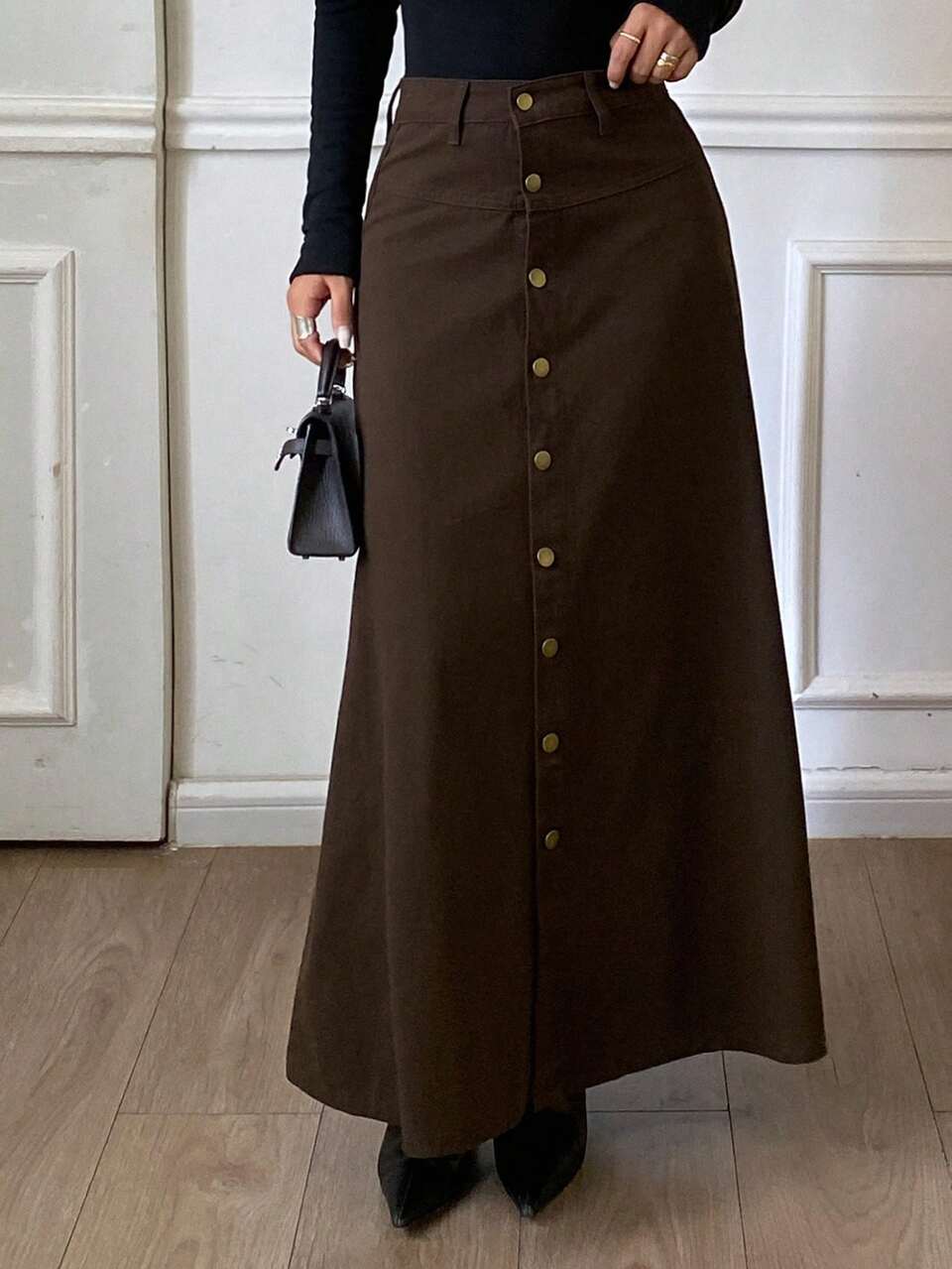 Women's Single-Breasted Decorative Long A-Line Denim Skirt, Casual Urban Style