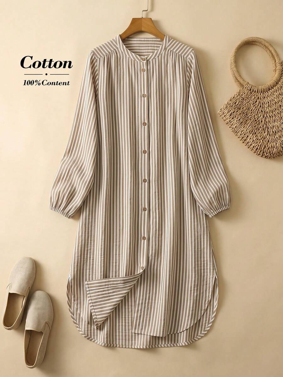 Rusticease Women's Casual Versatile Single-Breasted Long Sleeve Striped Dress - Multicolor - View 1