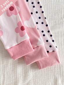 3 Sets Randomly Send 2 Sets Spring Summer Squishy Girls Toddler Outfit Fresh Cute Polka Dot Heart Flower Print Tight Comfortable Short Sleeve Long Pants Loungewear - Orange - View 6