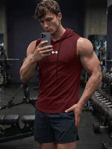 GymBeat Men's Graphic Print Hooded Neck Pocket Fashion Sports Tank Top, Gym Summer - Burgundy - View 5