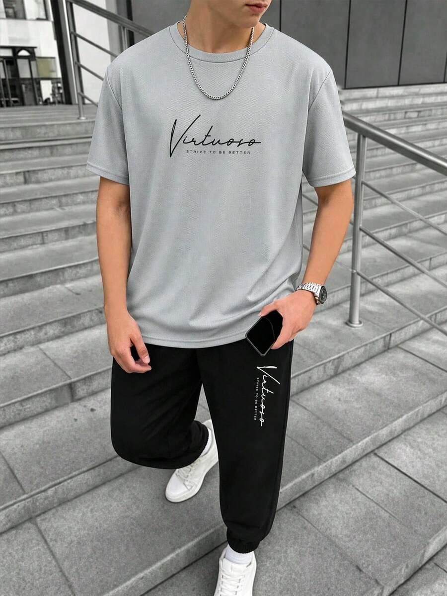SHEIN 2件組青少年休閒字母印花圓領套頭衫,適合夏季、運動、跑步、戶外活動 - 彩色 - 查看 1