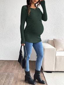SHEIN Maternity Solid Color Round Neck Ribbed Nursing Long Sleeve T-Shirt - Army Green - View 5
