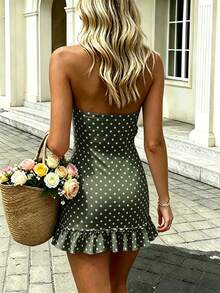 Cévolie Women's Fitted Mini Dress With Polka Dot Print, Front Button Decor, And Ruffle Hem - Green - View 3