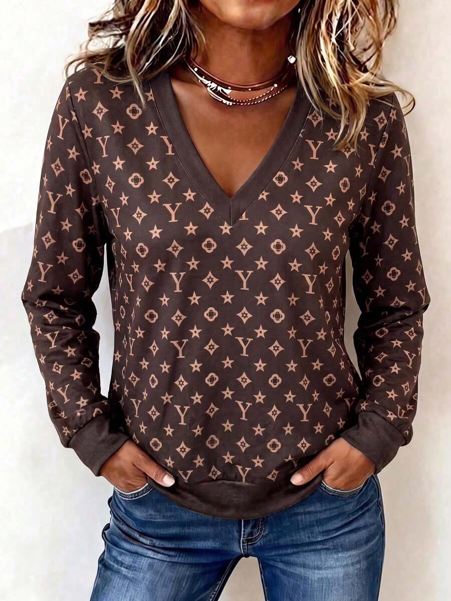 SHEIN LUNE Sweatshirt V-Neck Kasual Wanita dengan Motif Cetak Seluruh Permukaan, Musim Gugur - MultiWarna - View 1