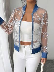 SHEIN Elenzya Women's Floral Embroidered Mesh Patchwork Denim Jacket - Blue - View 1