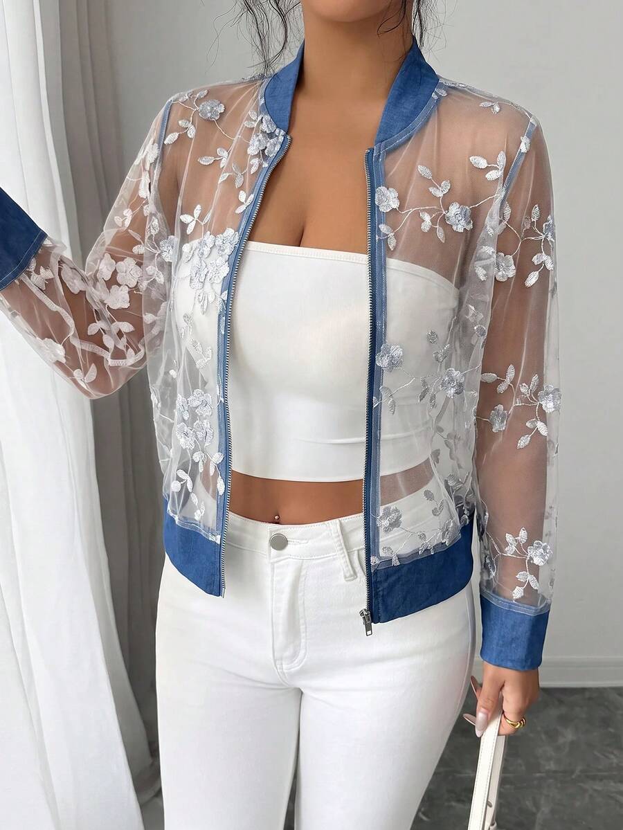 SHEIN Elenzya Women's Floral Embroidered Mesh Patchwork Denim Jacket - Blue - View 1