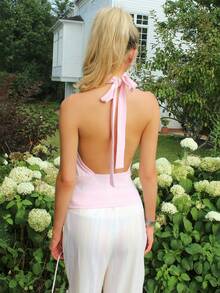 Sydney Algeri Atasan Rajut Model Halter Neck Warna Pink Muda untuk Wanita, Cocok untuk Musim Panas Kasual - Baby Pink - View 2