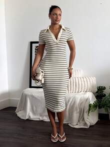 leahseptember Women's Casual Commute Striped Polo Collar Fitted Mid-Length Dress,Winter,Women's Beach Fashion ,Thanksgiving, Collar Dress Women Elegant Summer - Multicolor - View 1