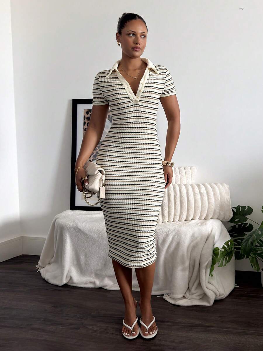 leahseptember Women's Casual Commute Striped Polo Collar Fitted Mid-Length Dress,Winter,Women's Beach Fashion ,Thanksgiving, Collar Dress Women Elegant Summer - Multicolor - View 1