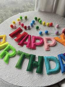 Pre String Happy Birthday Banner, Happy Birthday Banner Set - Felt Ball Wreath - Happy Birthday Wreath, Rainbow Birthday Decoration, Happy Birthday Sign, Birthday Decoration, Party Decoration, Photo Props, 1 (Birthday)+28 (Velvet Balls) - Rainbow - View 2