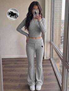 Tween女孩時尚休閒新款秋冬長流蘇兩件套灰色羅紋紋理修身上衣與喇叭褲套裝，春秋返校校園穿搭套裝 - 灰色 - 查看 8