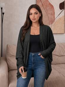 SHEIN Frenchy 大尺碼休閒寬鬆羅紋刷毛針織開襟外套 - 灰色 - 查看 1
