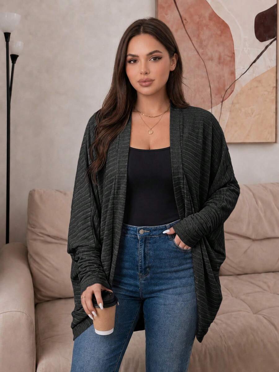 SHEIN Frenchy 大尺碼休閒寬鬆羅紋刷毛針織開襟外套 - 灰色 - 查看 1