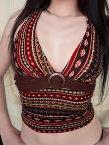 Hippie ROMWE X Isabelle Nguyen Spring/Summer Women Geometric Print Halter Backless Casual Vacation Bodycon Tank Top - Multicolor - View 5